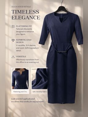Classic Navy Sheath Dress with Peplum Detail